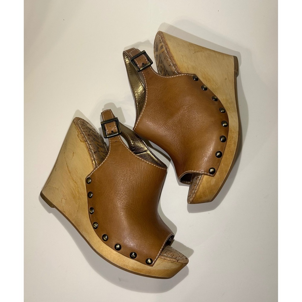 Sam Edelman Camilla Tan Leather Studded Wooden Wedge Platform Sandals 8.5M